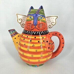 Bella Casa Ganz Figural Cat Teapot Ceramic Colorful Striped Winged Whimsical